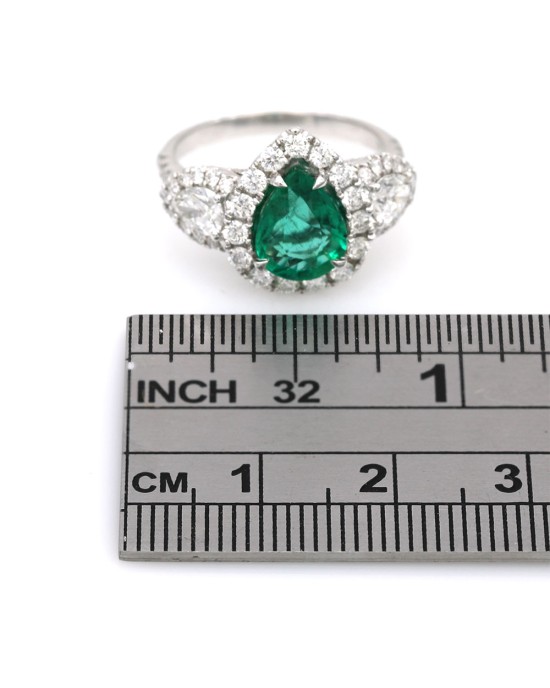 Pear Shaped Emerald and Diamond Ring in White Gold